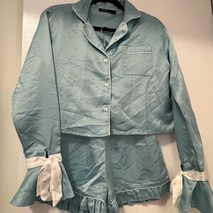 Nasty Gal Sky Blue Satin Pajama Top and shorts with White Piping